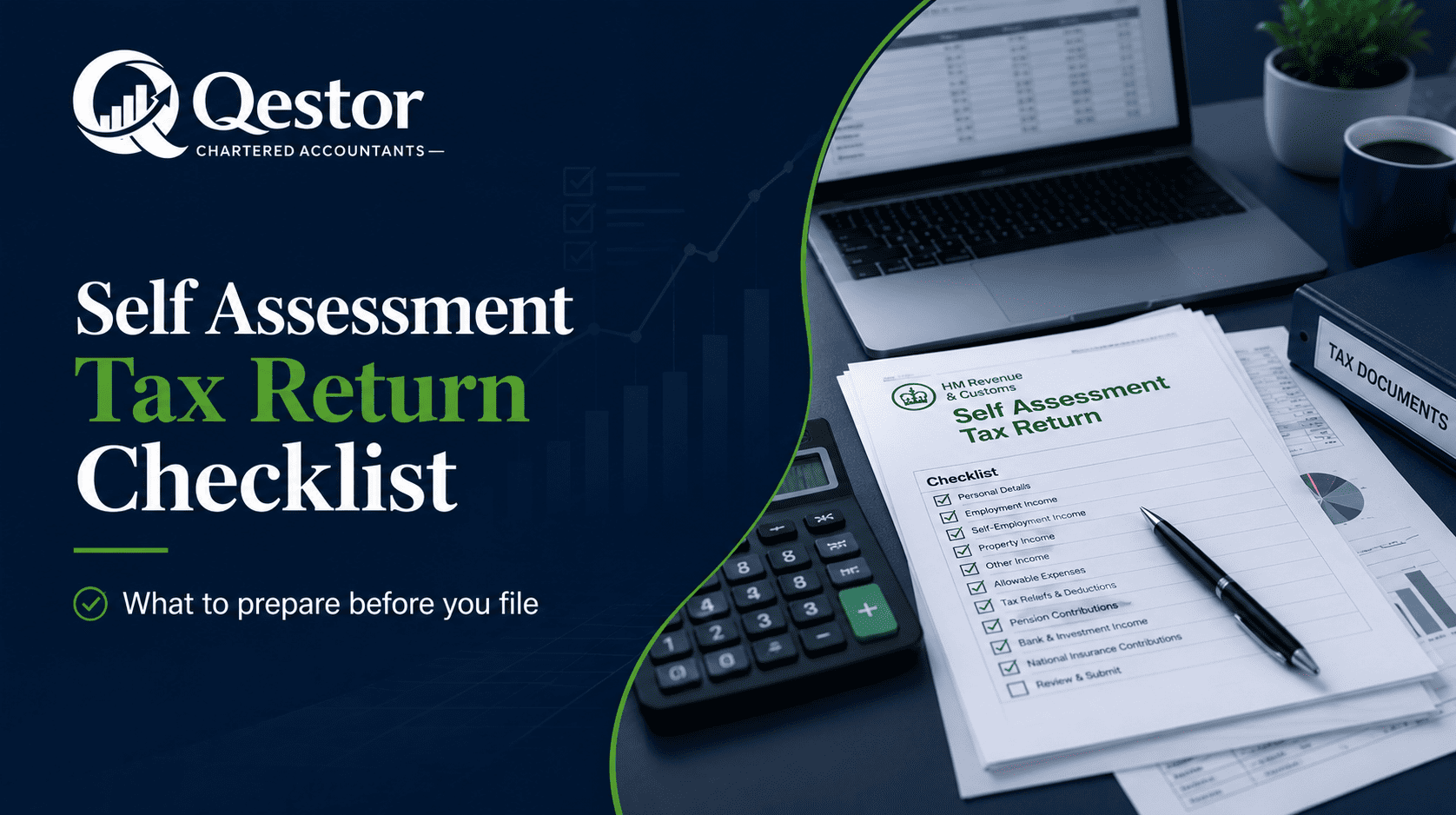 Qestor blog image showing a Self Assessment tax return checklist with calculator, documents and accounting records.